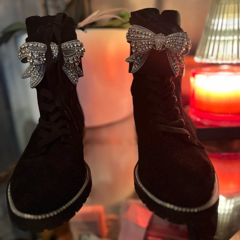 Elegant Black Suede Ankle Boots with Crystal Bow Accents